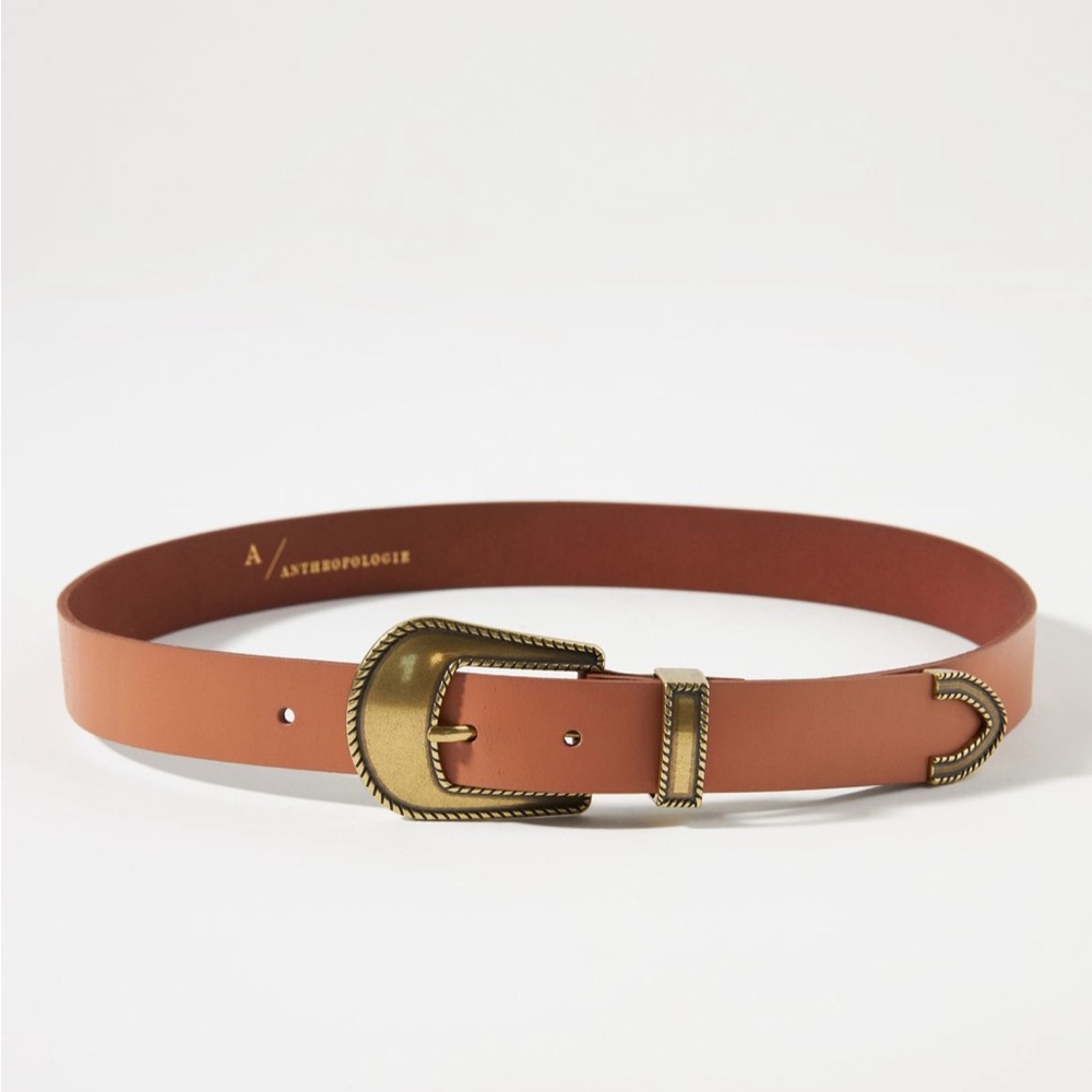 Anthropologie Tan Leather Belt with Brass Buckle Size Large